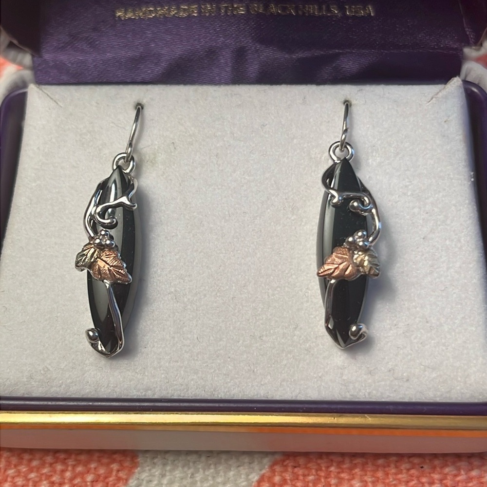 Landstrom’s Black Hills Gold Onyx Dangle Earrings